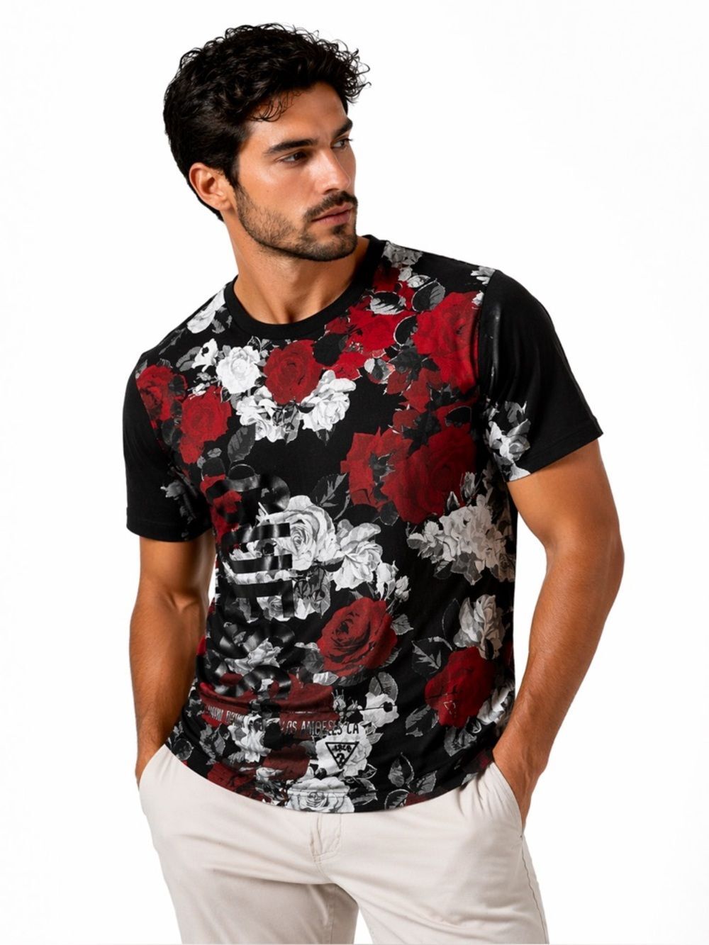 Guess Premium Los Angeles T-Shirt Flowers Black Size L Mens Floral Front